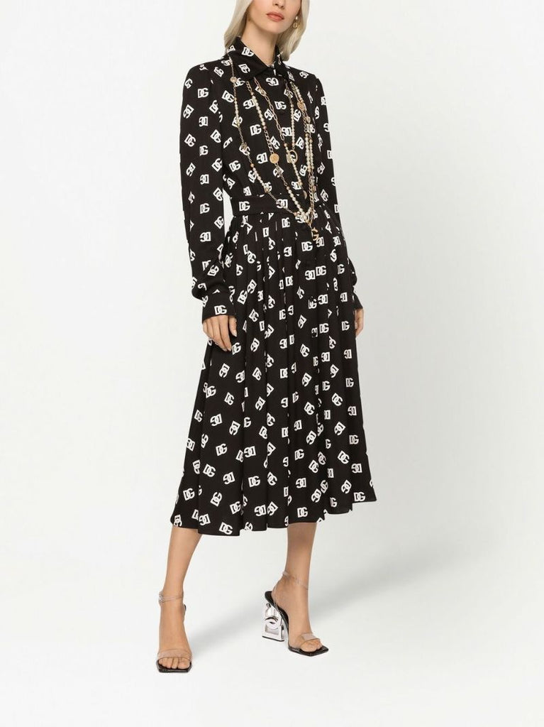 Black Logo Print Silk Midi Dres