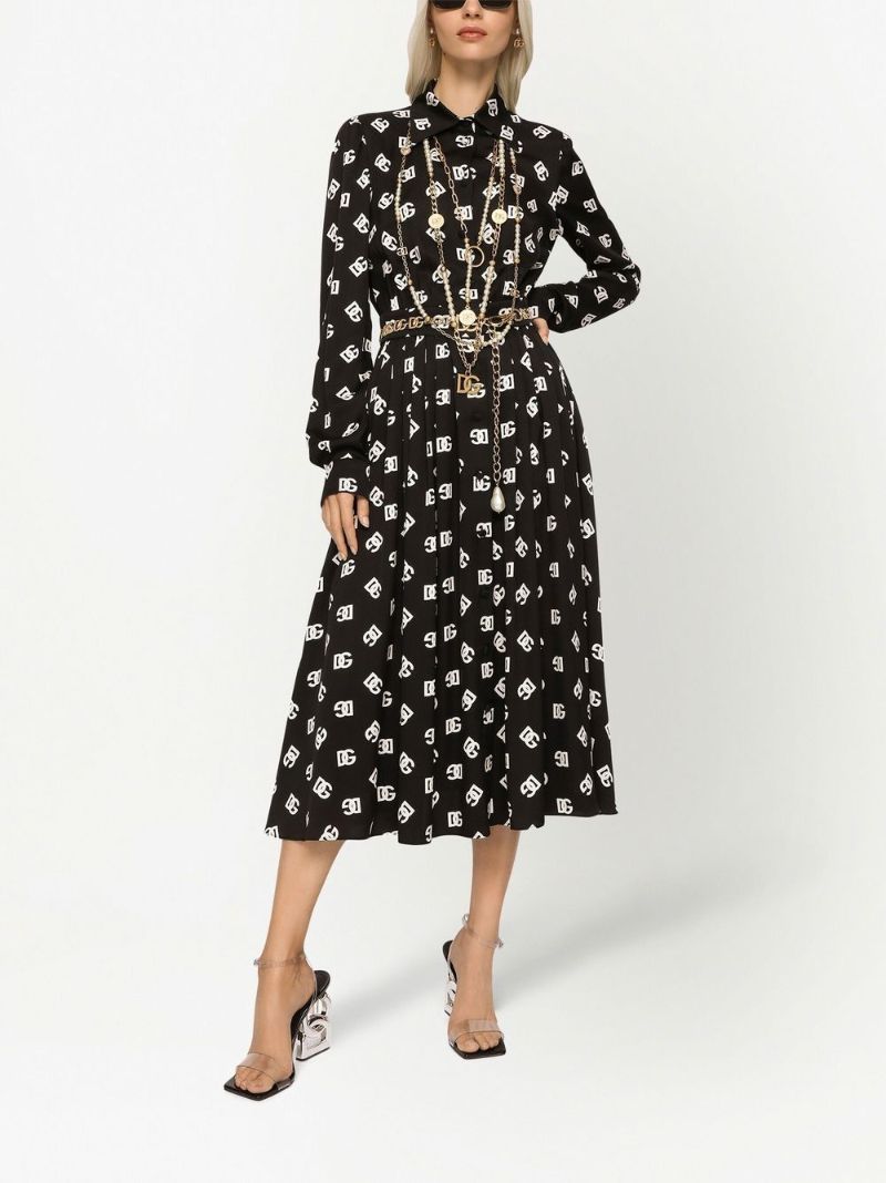 Black Logo Print Silk Midi Dres