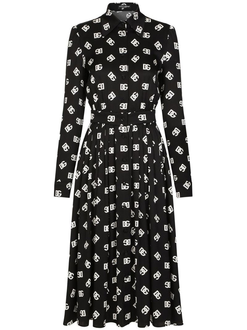 Black Logo Print Silk Midi Dres