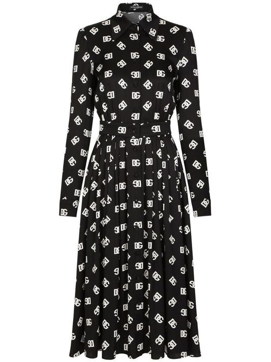 Black Logo Print Silk Midi Dres