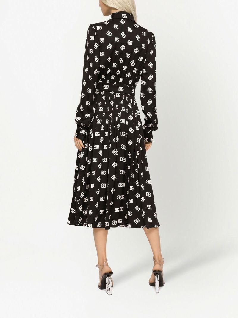 Black Logo Print Silk Midi Dres