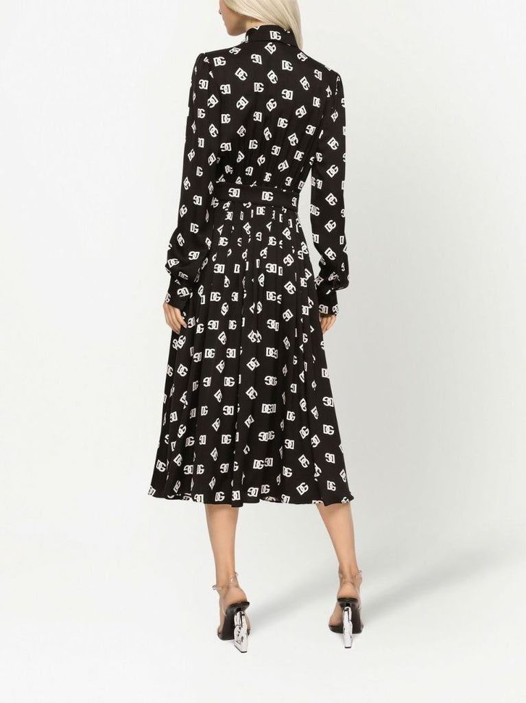 Black Logo Print Silk Midi Dres