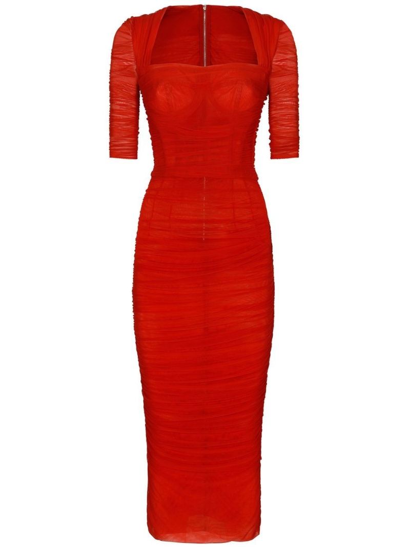 Red Ruched Bustier Midi Dress
