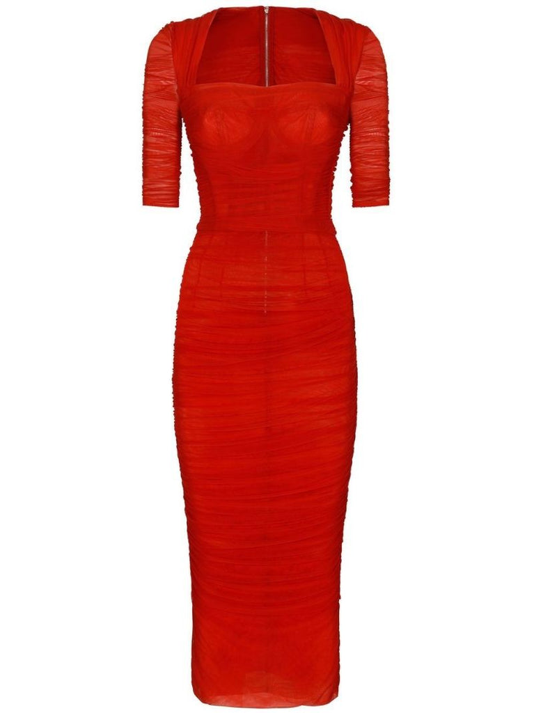 Red Ruched Bustier Midi Dress
