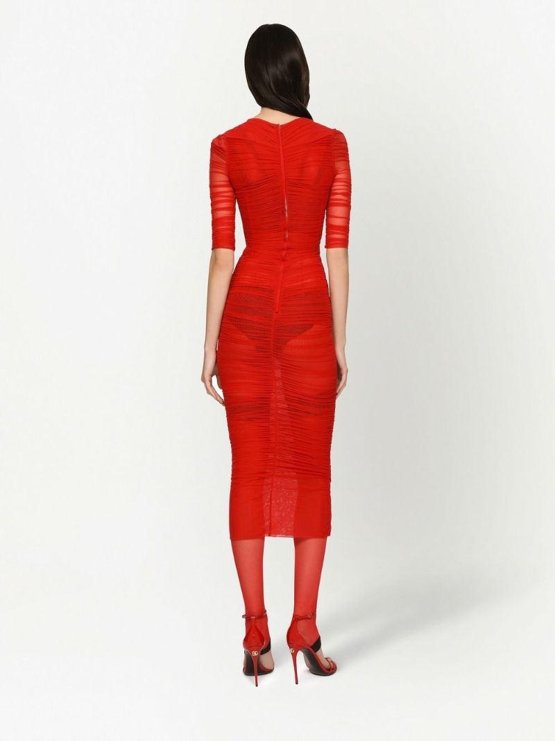 Red Ruched Bustier Midi Dress