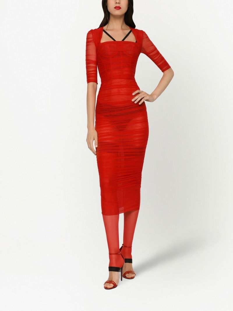 Red Ruched Bustier Midi Dress
