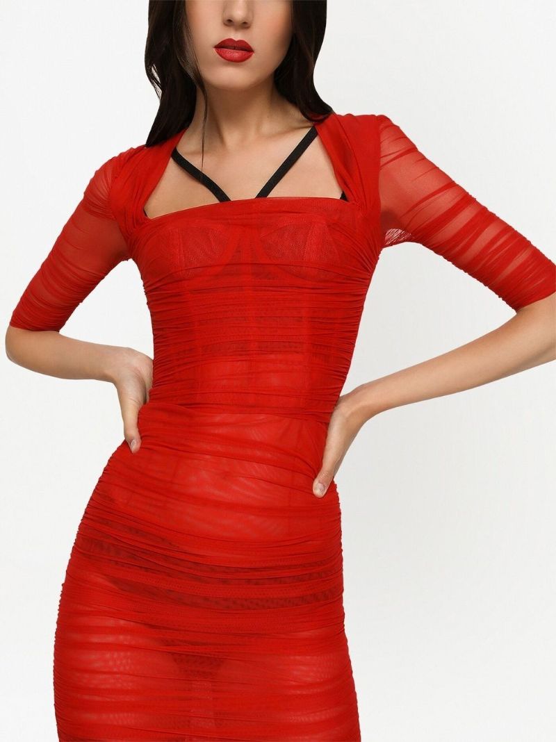 Red Ruched Bustier Midi Dress