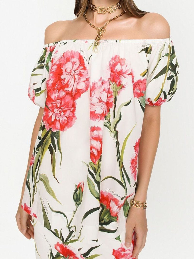White Floral Print Off-the-shoulder Blouse