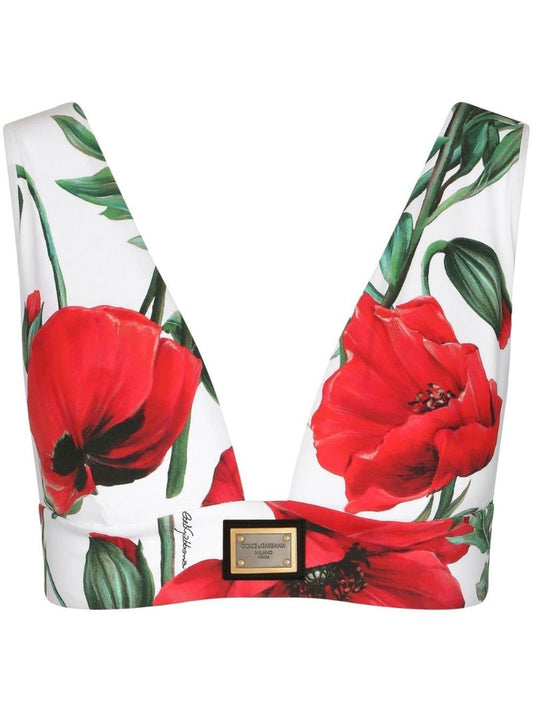 White Floral Logo Plaque Cropped Top