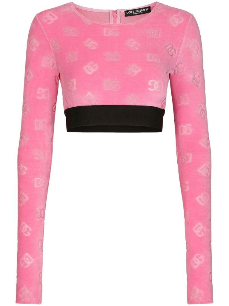 Pink Monogram Print Velour Crop Top