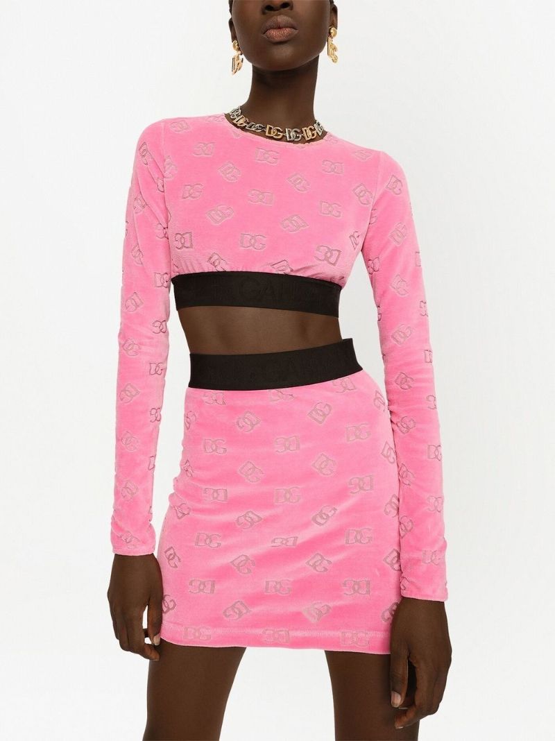 Pink Monogram Print Velour Crop Top
