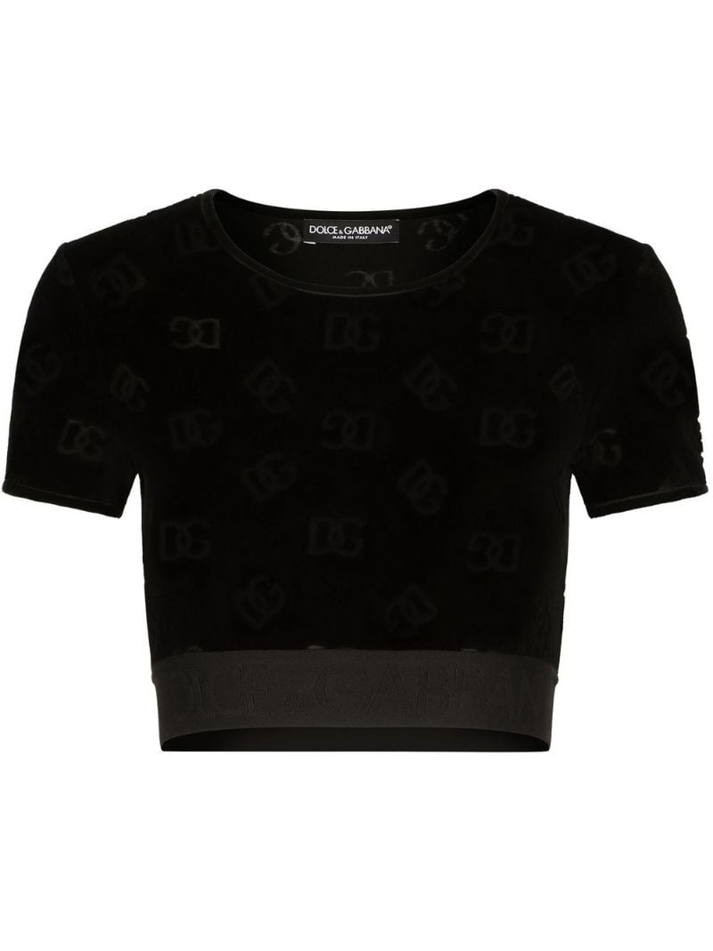 Black Monogram Print Velour Crop Top