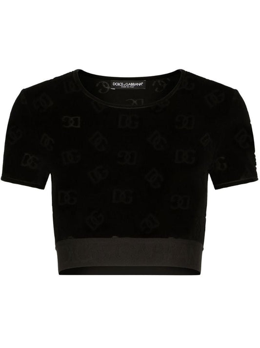 Black Monogram Print Velour Crop Top