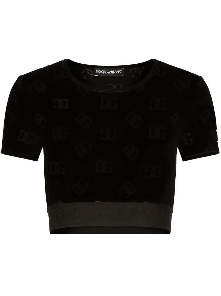 Black Monogram Print Velour Crop Top