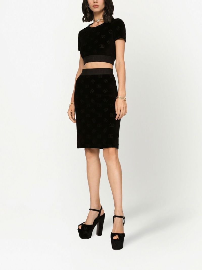 Black Monogram Print Velour Crop Top
