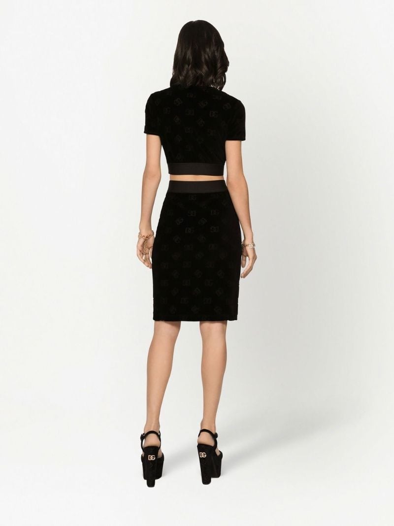 Black Monogram Print Velour Crop Top