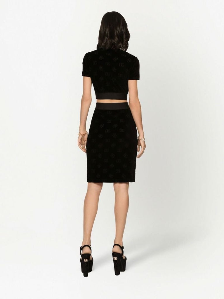 Black Monogram Print Velour Crop Top