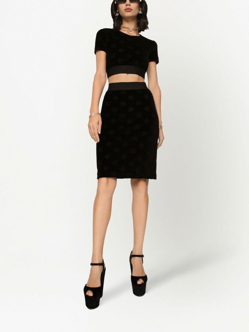 Black Monogram Print Velour Crop Top