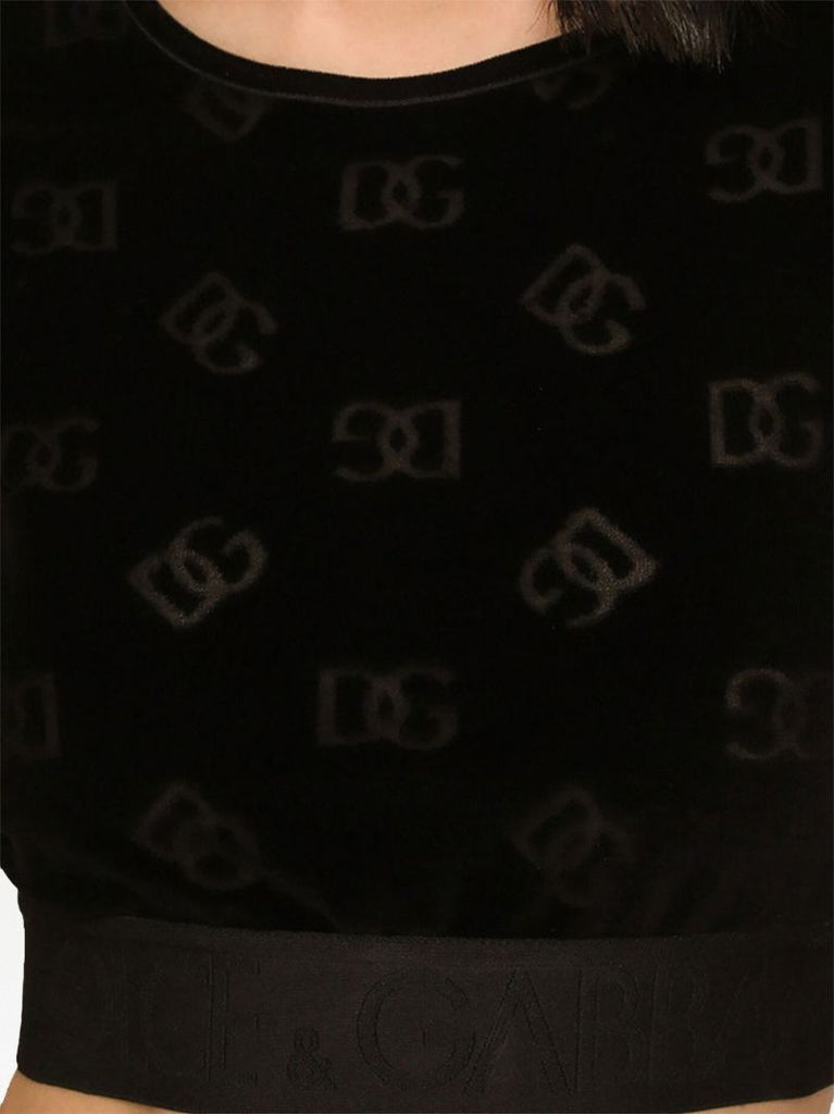 Black Monogram Print Velour Crop Top