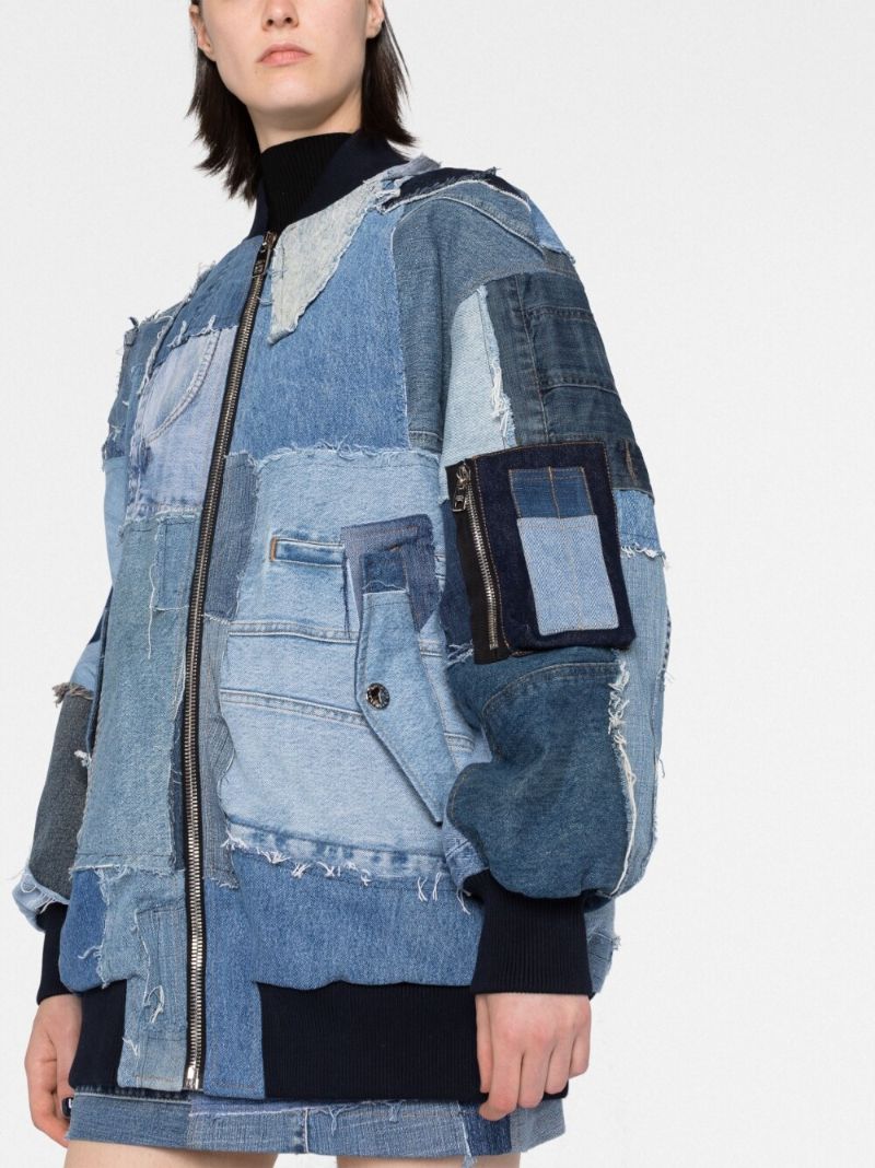 Blue Oversized Patchwork Denim Bomber Jacket: