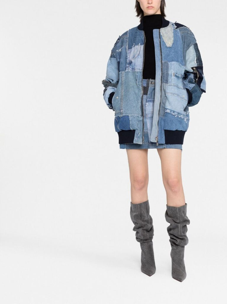 Blue Oversized Patchwork Denim Bomber Jacket: