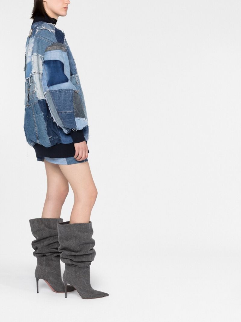 Blue Oversized Patchwork Denim Bomber Jacket: