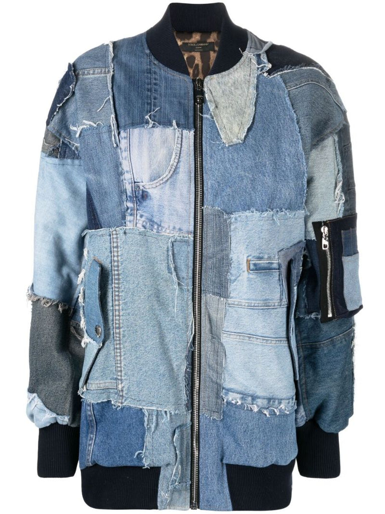 Blue Oversized Patchwork Denim Bomber Jacket: