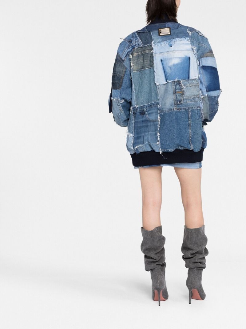 Blue Oversized Patchwork Denim Bomber Jacket: