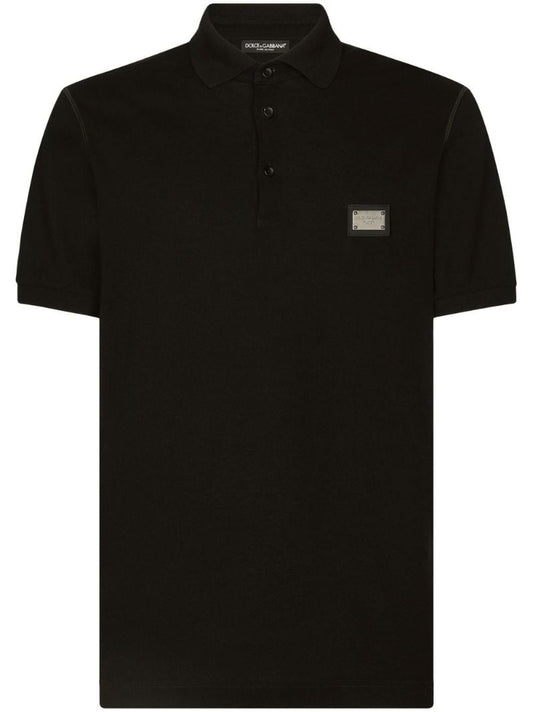 Black Logo Plaque Cotton Polo Shirt