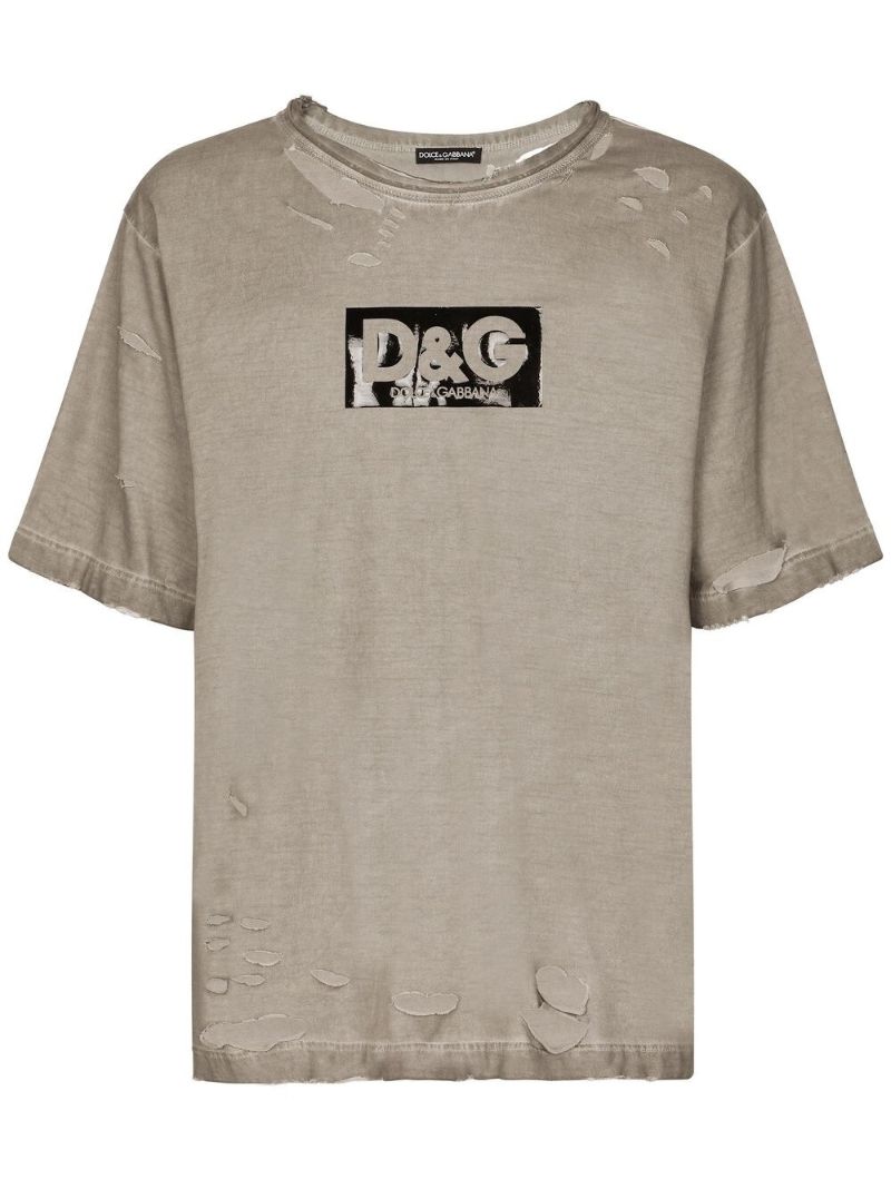 Brown Logo Print Distressed Cotton T-shirt