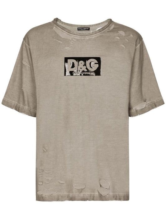 Brown Logo Print Distressed Cotton T-shirt
