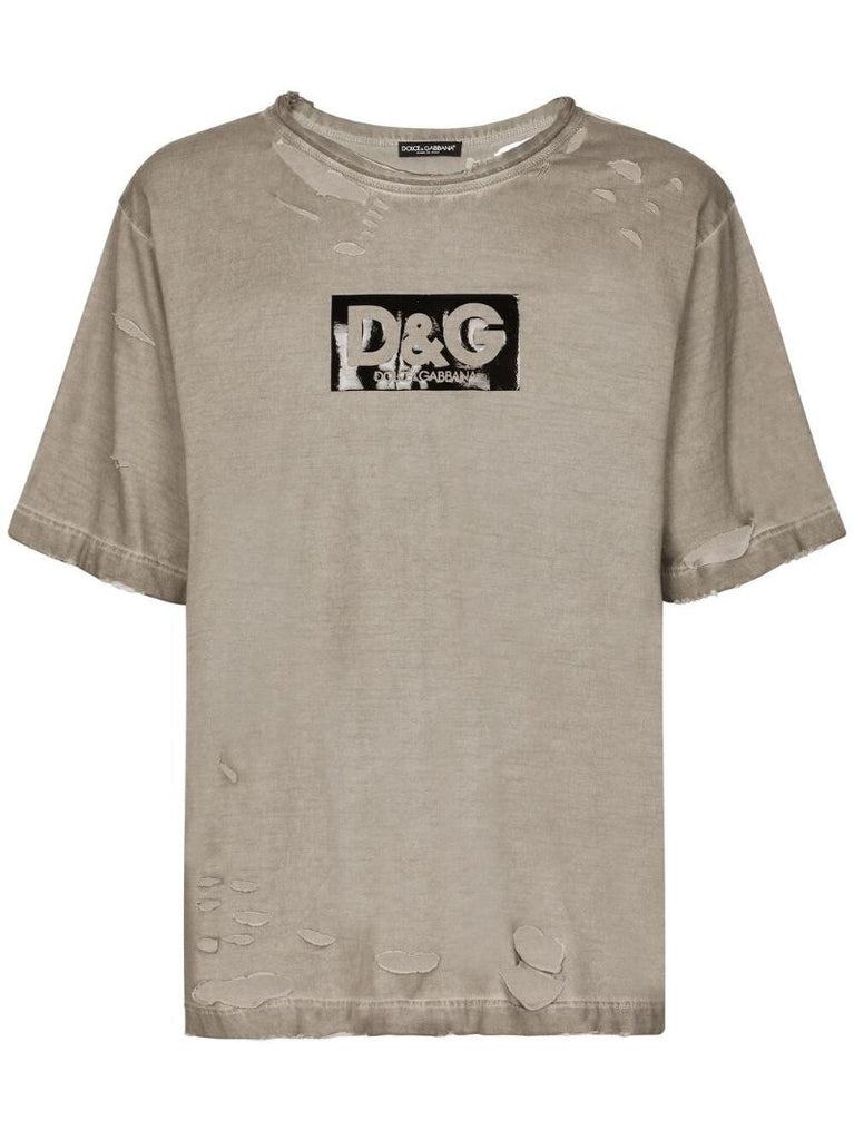 Brown Logo Print Distressed Cotton T-shirt