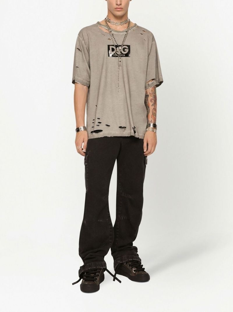 Brown Logo Print Distressed Cotton T-shirt