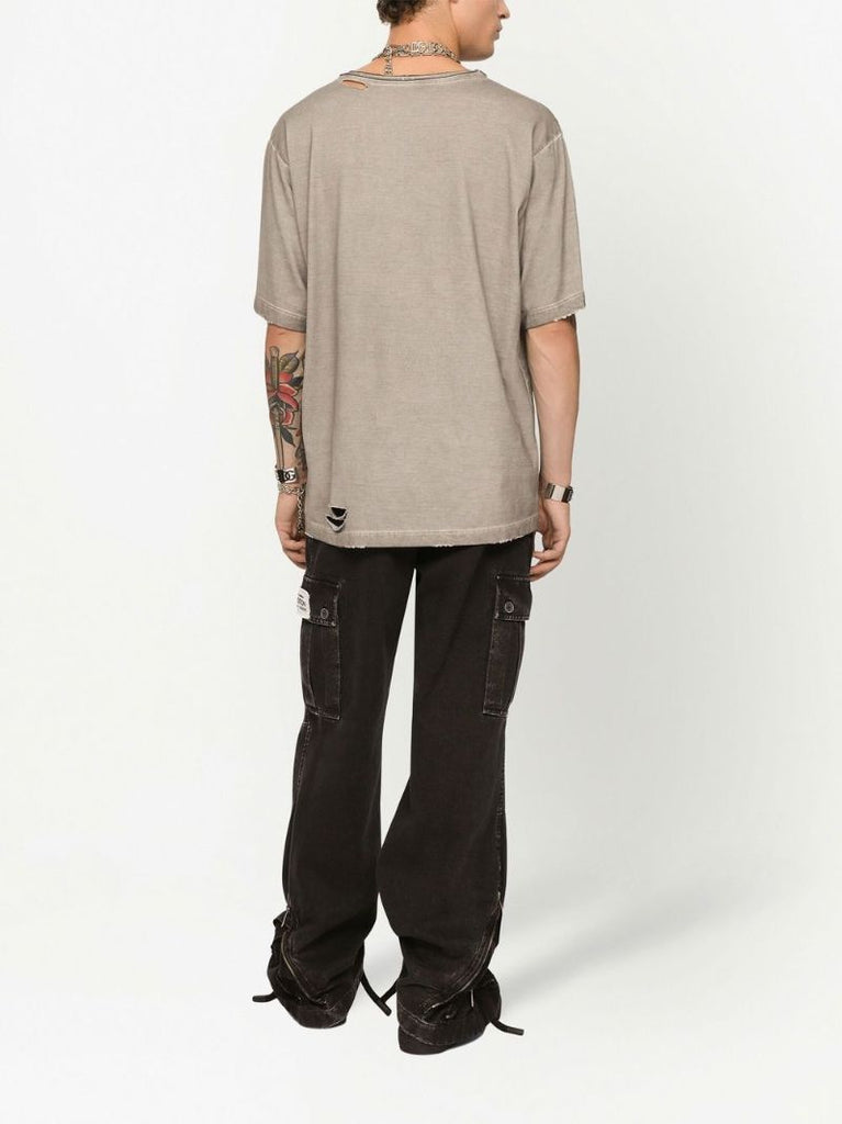 Brown Logo Print Distressed Cotton T-shirt