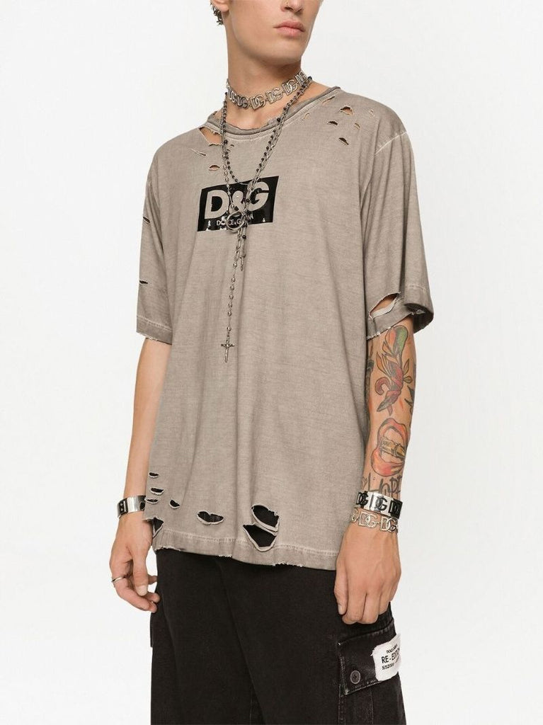 Brown Logo Print Distressed Cotton T-shirt