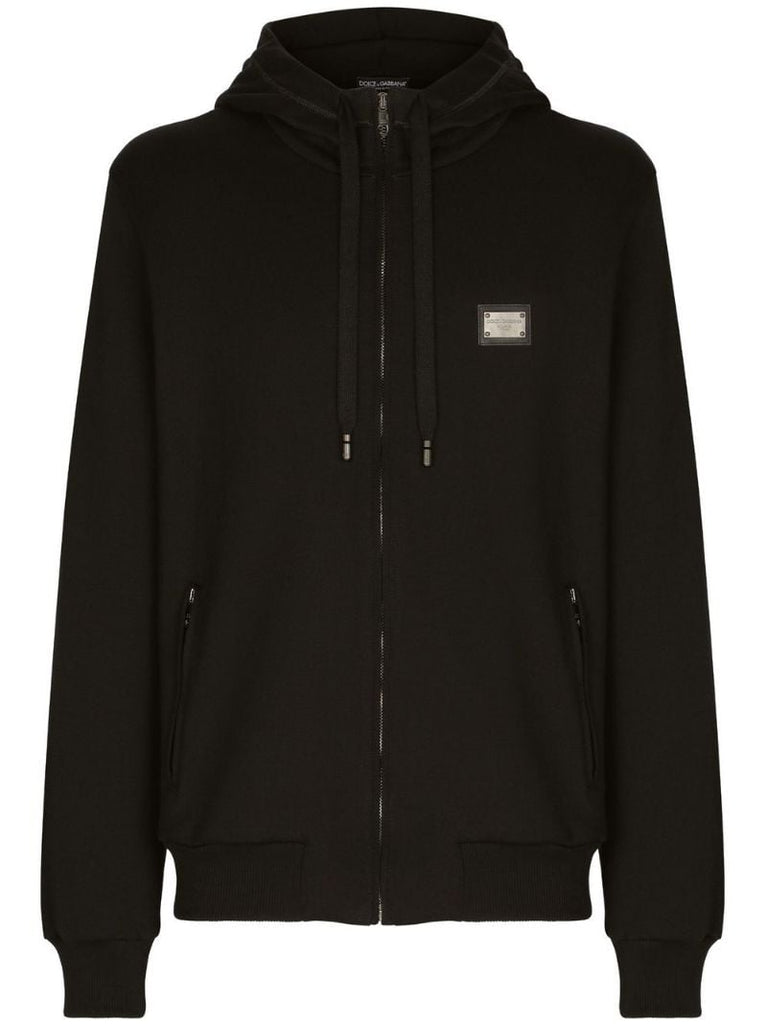 Black Logo Plaque Cotton Zip-up Hoodie