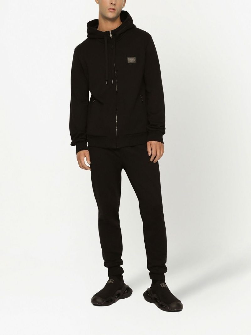 Black Logo Plaque Cotton Zip-up Hoodie