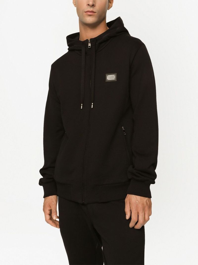 Black Logo Plaque Cotton Zip-up Hoodie