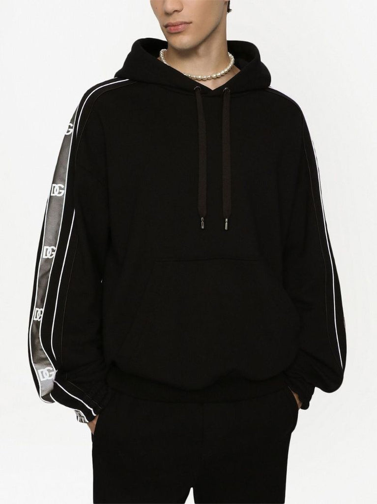 Black Monogram Print Drawstring Hoodie