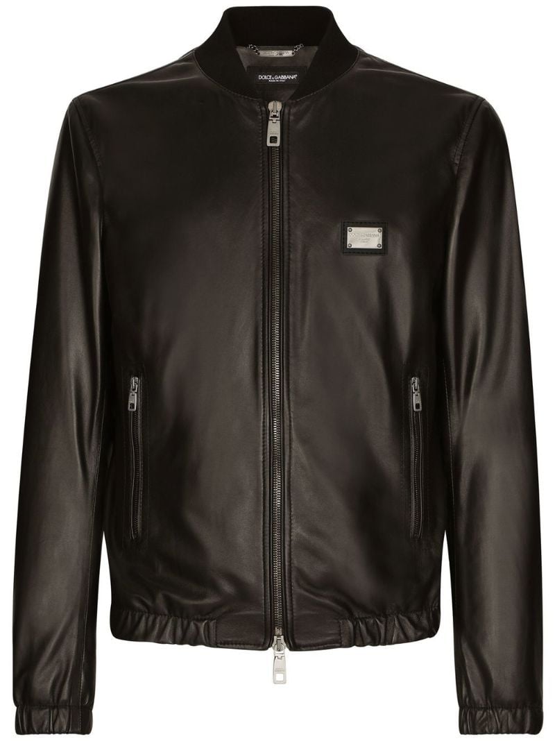 Black Logo Plaque Leather Bomber Jacket