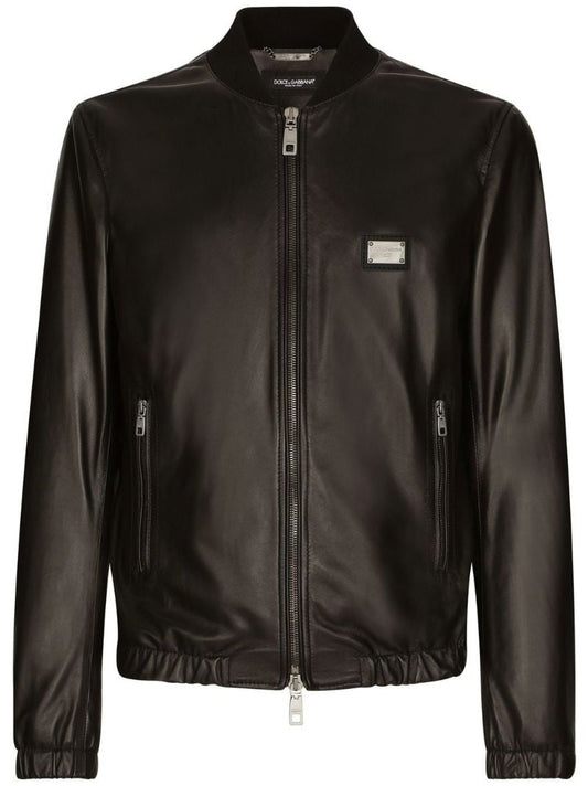 Black Logo Plaque Leather Bomber Jacket