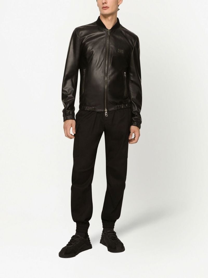 Black Logo Plaque Leather Bomber Jacket