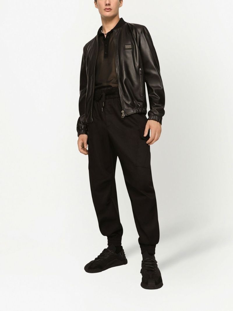 Black Logo Plaque Leather Bomber Jacket
