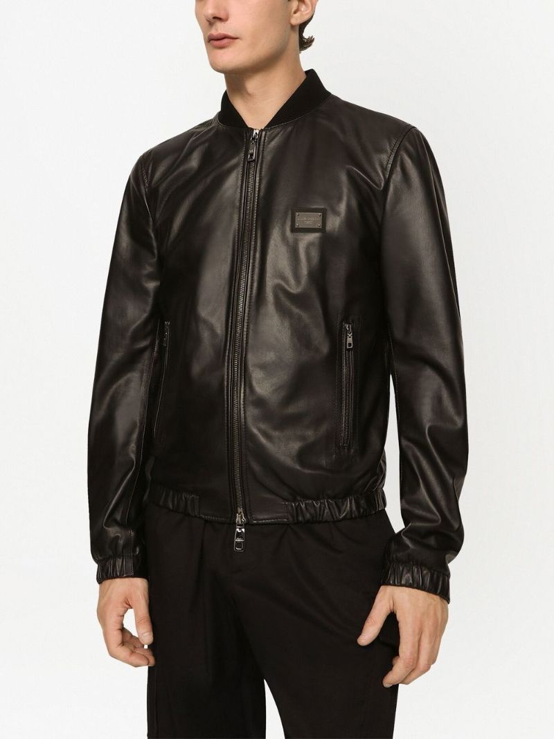 Black Logo Plaque Leather Bomber Jacket