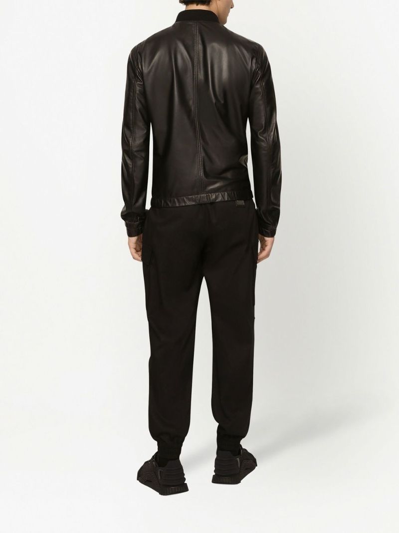 Black Logo Plaque Leather Bomber Jacket