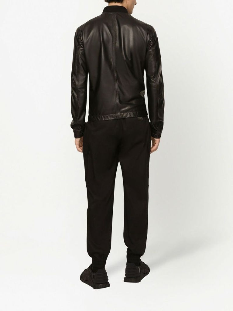 Black Logo Plaque Leather Bomber Jacket