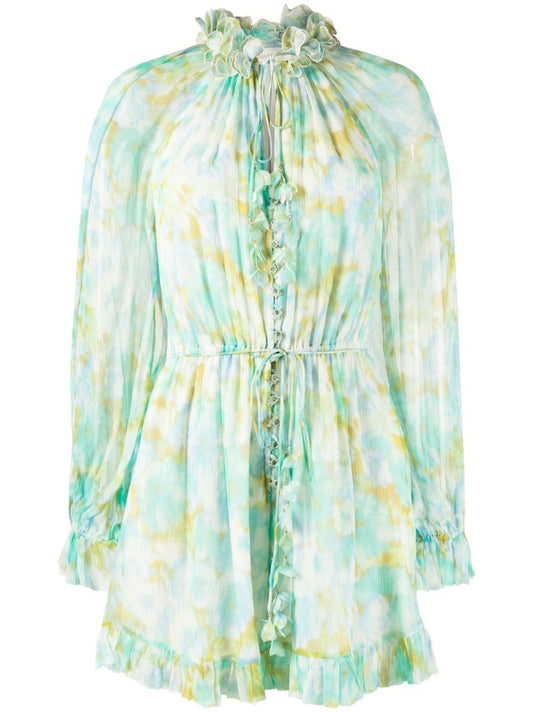 Green High Tide Flutter Floral Print Silk Playsuit