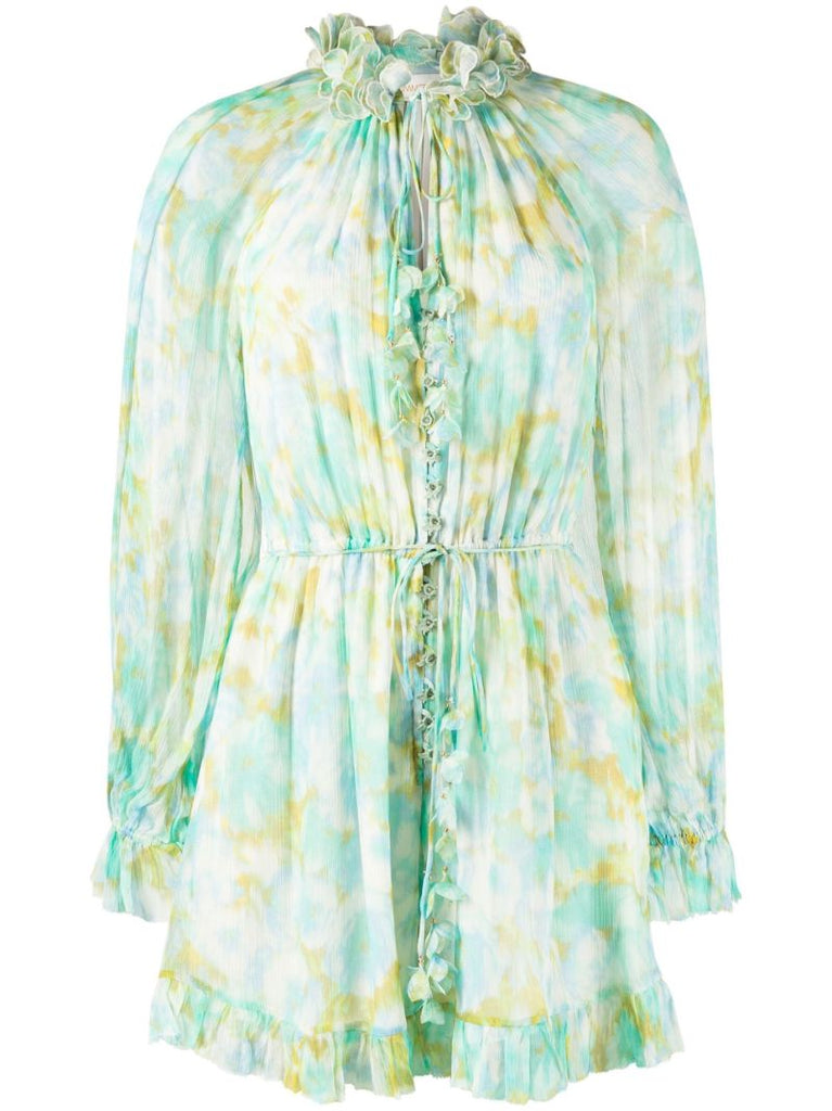 Green High Tide Flutter Floral Print Silk Playsuit