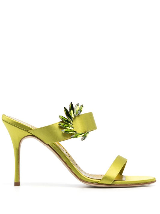 Green Chivela 90 Satin Embellished Mules