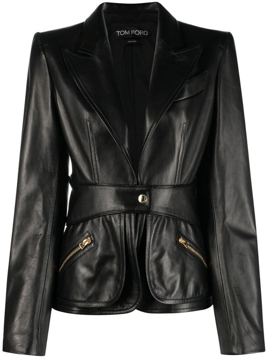 Black Peak Lapel Leather Blazer